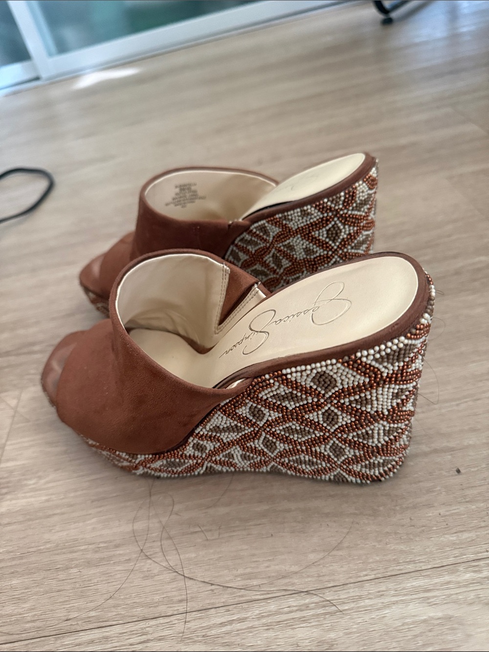Jessica Simpson Beaded Rust Brown Wedge Slide Sandals